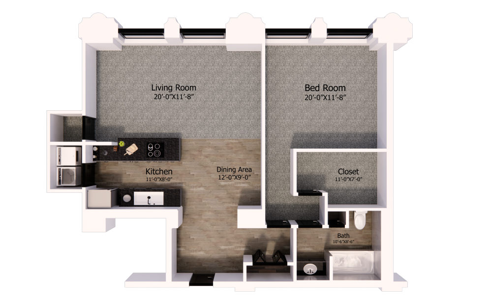 301 - 1 bedroom floorplan layout with 1 bathroom and 1115 square feet