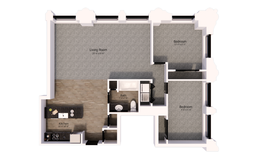 307 - 2 bedroom floorplan layout with 1 bathroom and 1200 square feet