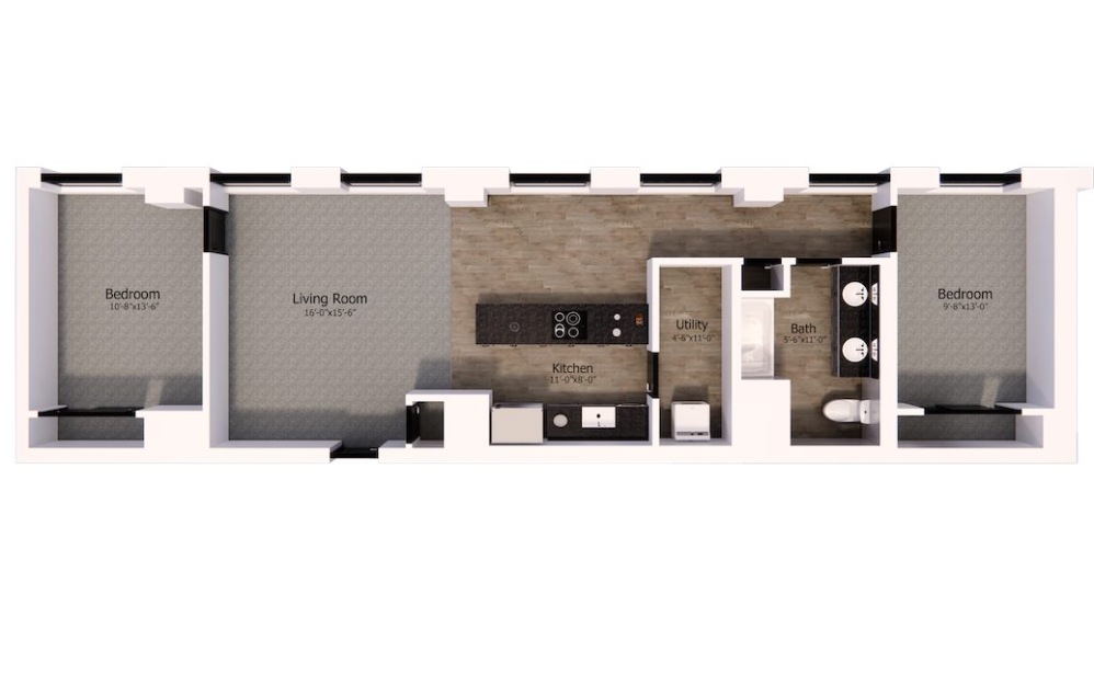 315 - 2 bedroom floorplan layout with 1 bathroom and 1050 square feet