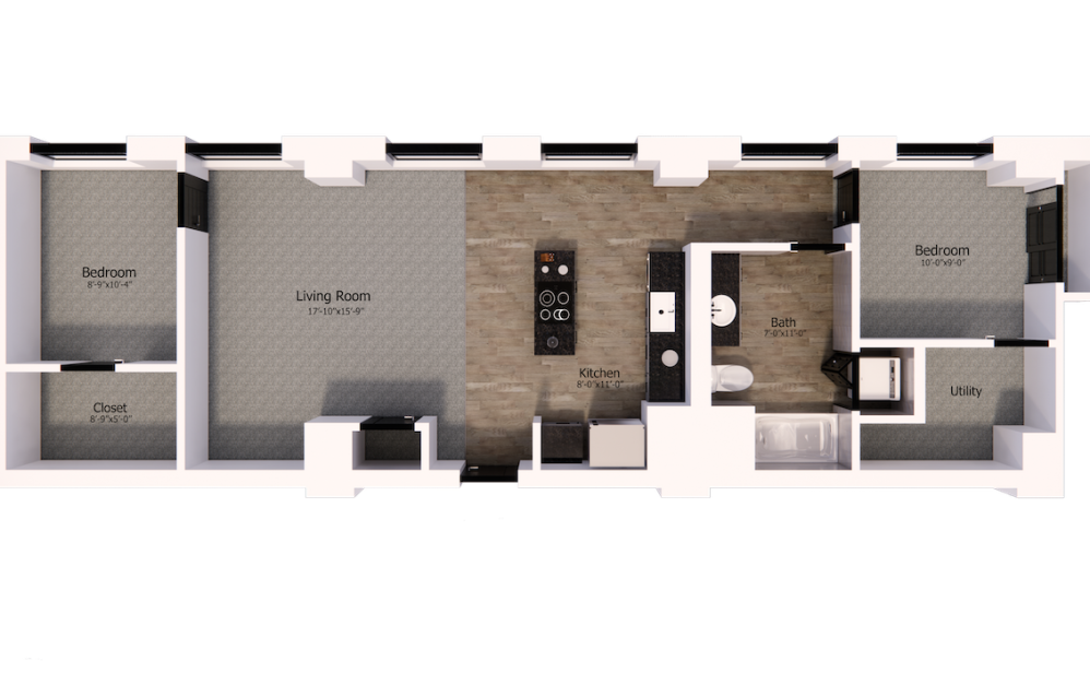 317 - 2 bedroom floorplan layout with 1 bath and 925 square feet.