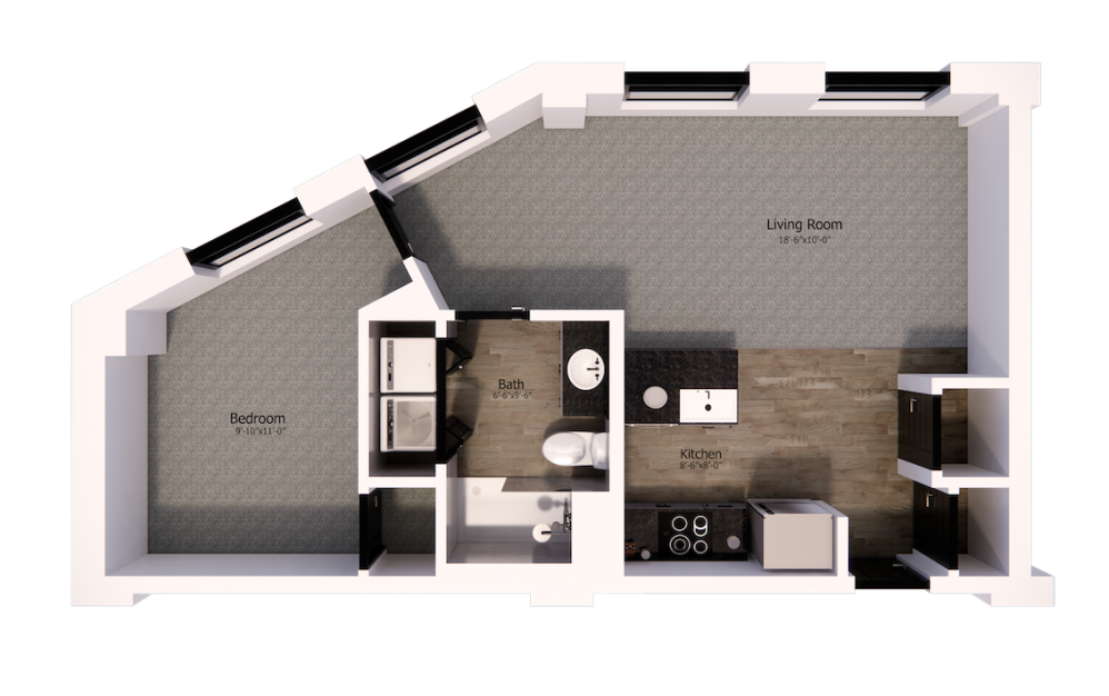 518 - 1 bedroom floorplan layout with 1 bathroom and 645 square feet