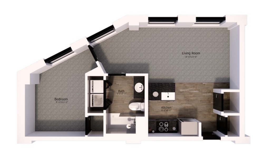 318 - 1 bedroom floorplan layout with 1 bathroom and 645 square feet