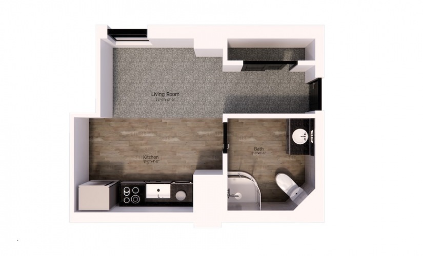 320 - Studio floorplan layout with 1 bathroom and 360 square feet