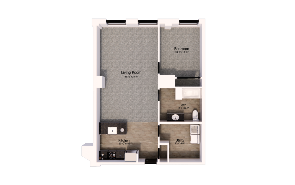 321 - 1 bedroom floorplan layout with 1 bathroom and 964 square feet