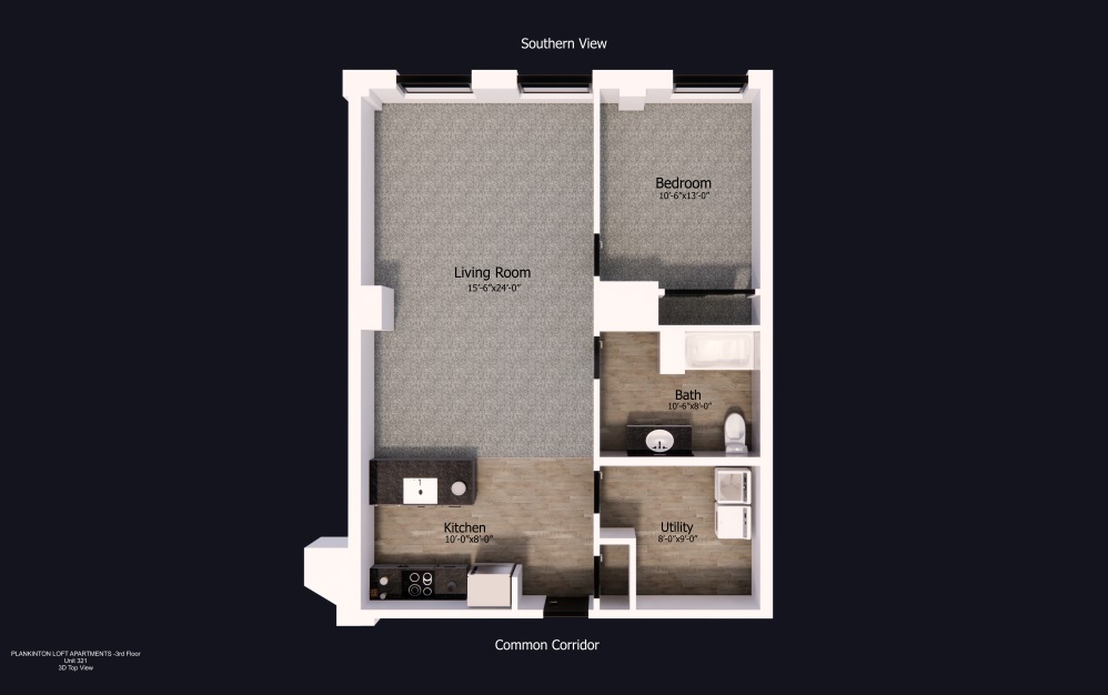 321 - 1 bedroom floorplan layout with 1 bath and 964 square feet.