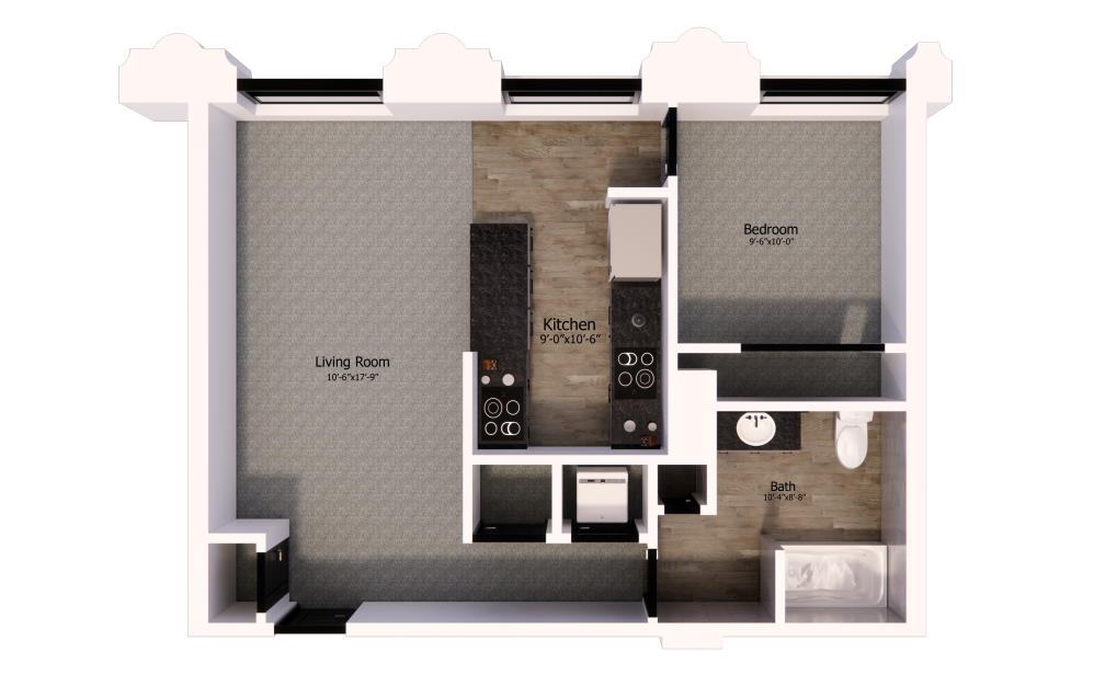 333 - 1 bedroom floorplan layout with 1 bathroom and 688 square feet