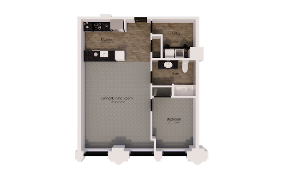 343 - 1 bedroom floorplan layout with 1 bathroom and 864 square feet