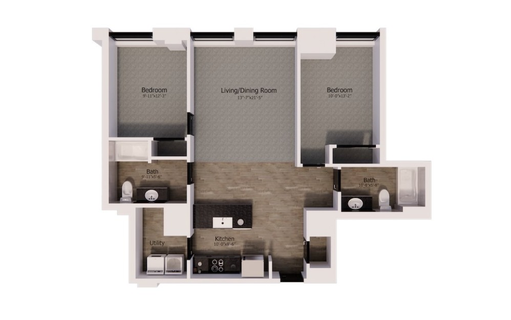 344 - 2 bedroom floorplan layout with 2 bathrooms and 1069 square feet