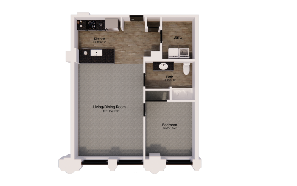 345 - 1 bedroom floorplan layout with 1 bathroom and 843 square feet