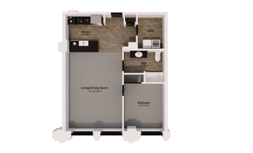345 - 1 bedroom floorplan layout with 1 bathroom and 843 square feet