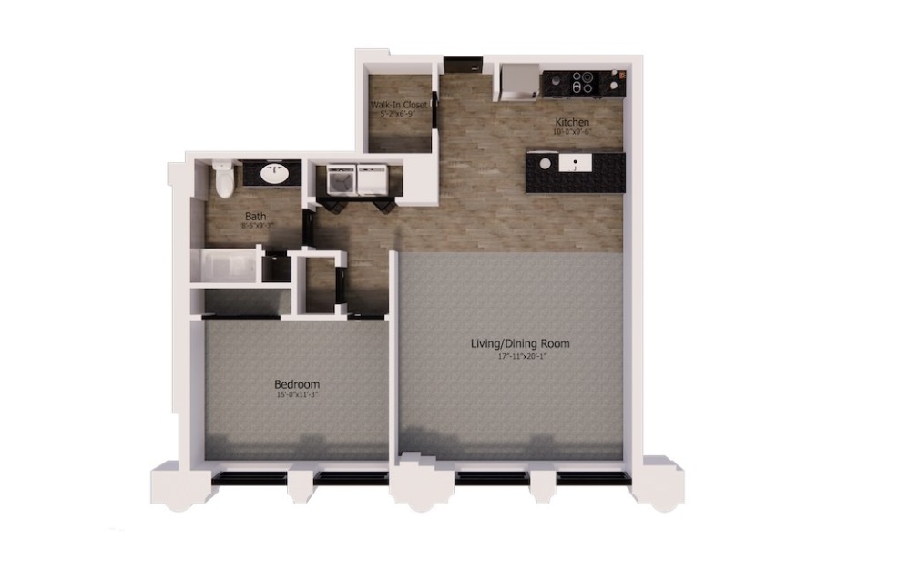 349 - 1 bedroom floorplan layout with 1 bathroom and 978 square feet