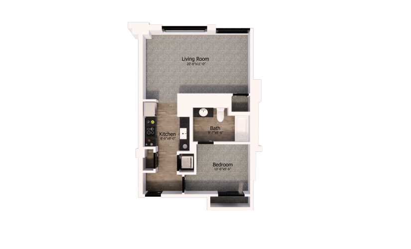 400 - 1 bedroom floorplan layout with 1 bathroom and 675 square feet