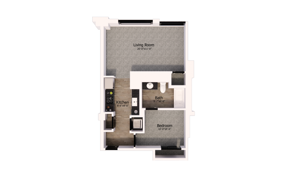 400 - 1 bedroom floorplan layout with 1 bathroom and 675 square feet