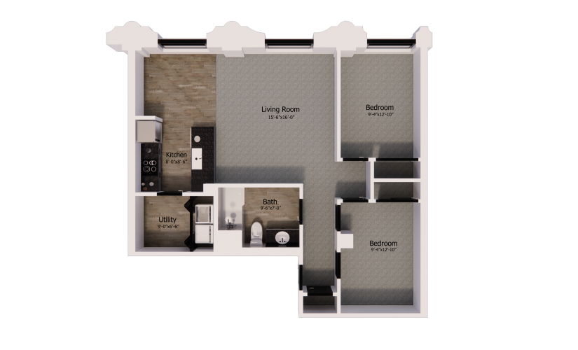 401 - 2 bedroom floorplan layout with 1 bathroom and 935 square feet