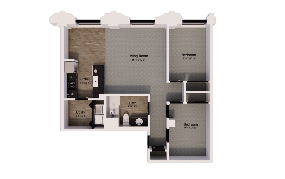 401 - 2 bedroom floorplan layout with 1 bathroom and 935 square feet