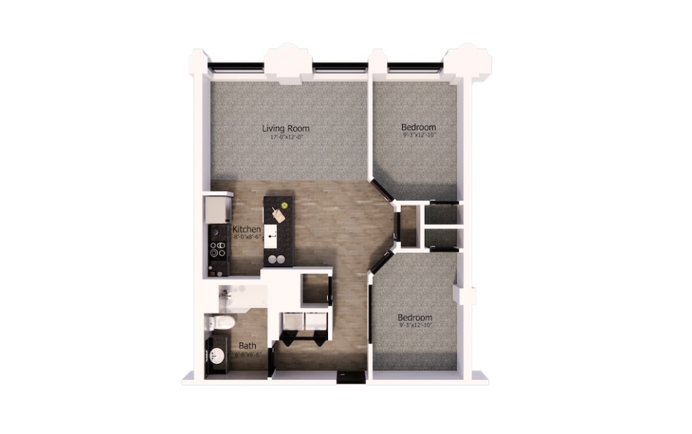 459 - 2 bedroom floorplan layout with 1 bathroom and 865 square feet