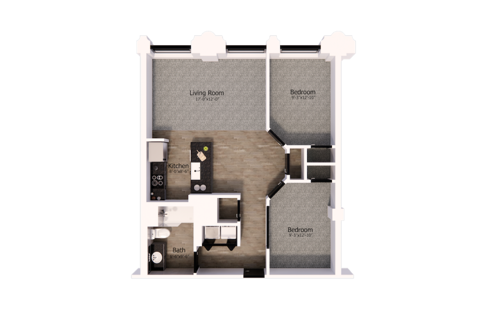 457 - 2 bedroom floorplan layout with 1 bathroom and 865 square feet
