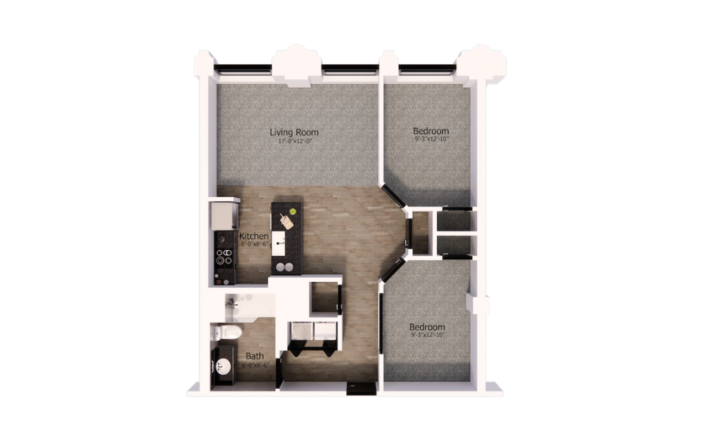 403 - 2 bedroom floorplan layout with 1 bathroom and 865 square feet