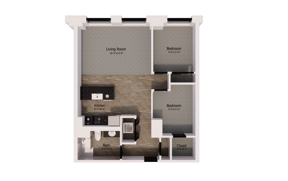 404 - 2 bedroom floorplan layout with 1 bathroom and 855 square feet