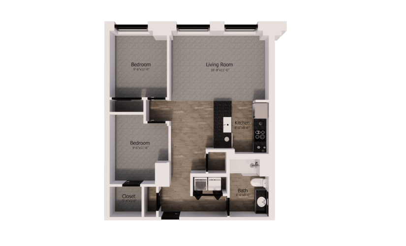 408 - 2 bedroom floorplan layout with 1 bathroom and 855 square feet