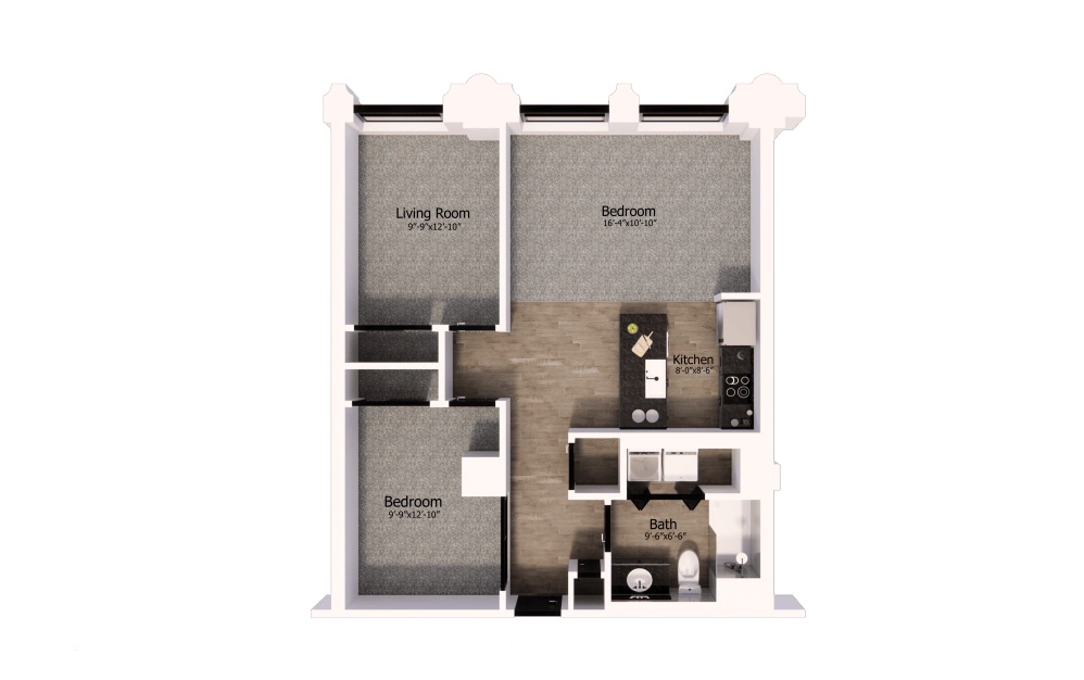 407 - 2 bedroom floorplan layout with 1 bathroom and 865 square feet
