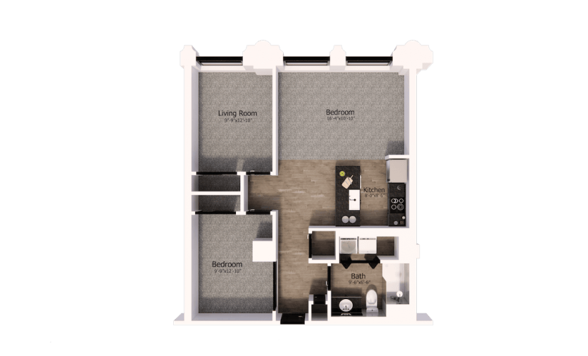 407 - 2 bedroom floorplan layout with 1 bathroom and 865 square feet