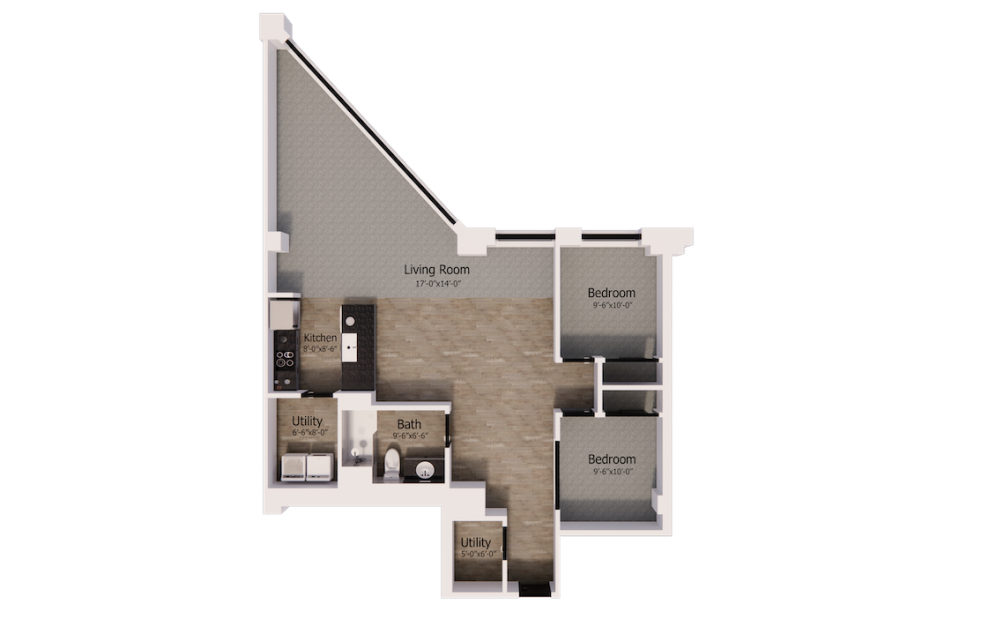 410 - 2 bedroom floorplan layout with 1 bath and 1180 square feet.