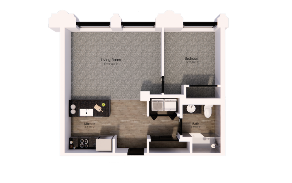 423 - 1 bedroom floorplan layout with 1 bath and 645 square feet.