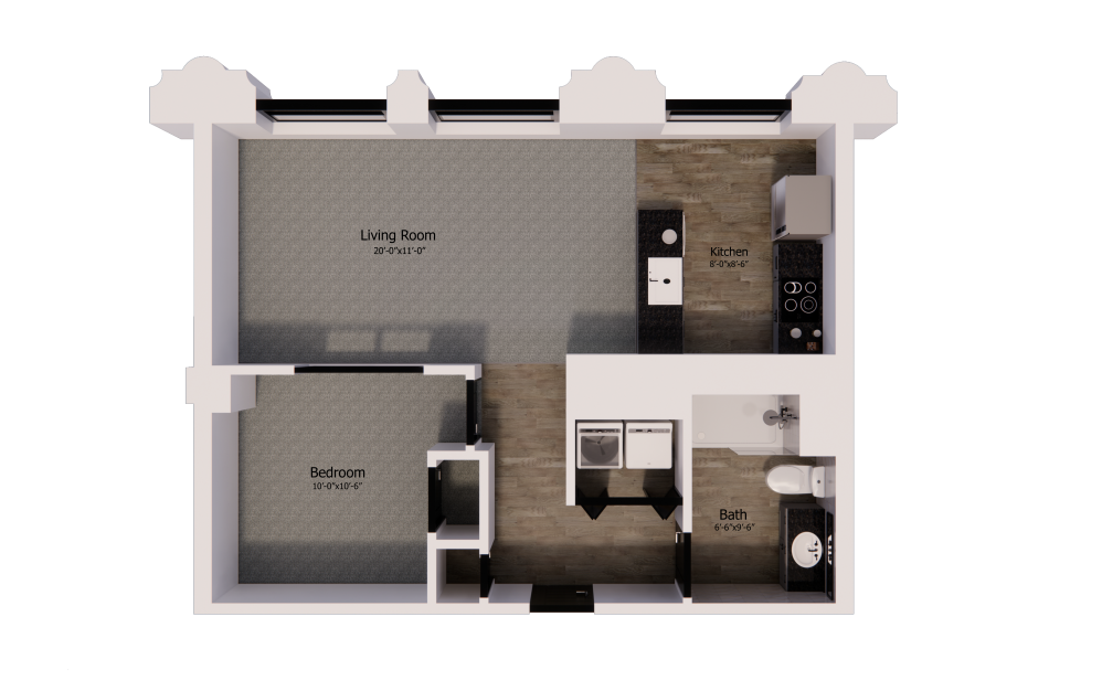 419 - 1 bedroom floorplan layout with 1 bathroom and 675 square feet