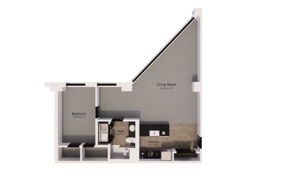 424 - 1 bedroom floorplan layout with 1 bathroom and 885 square feet