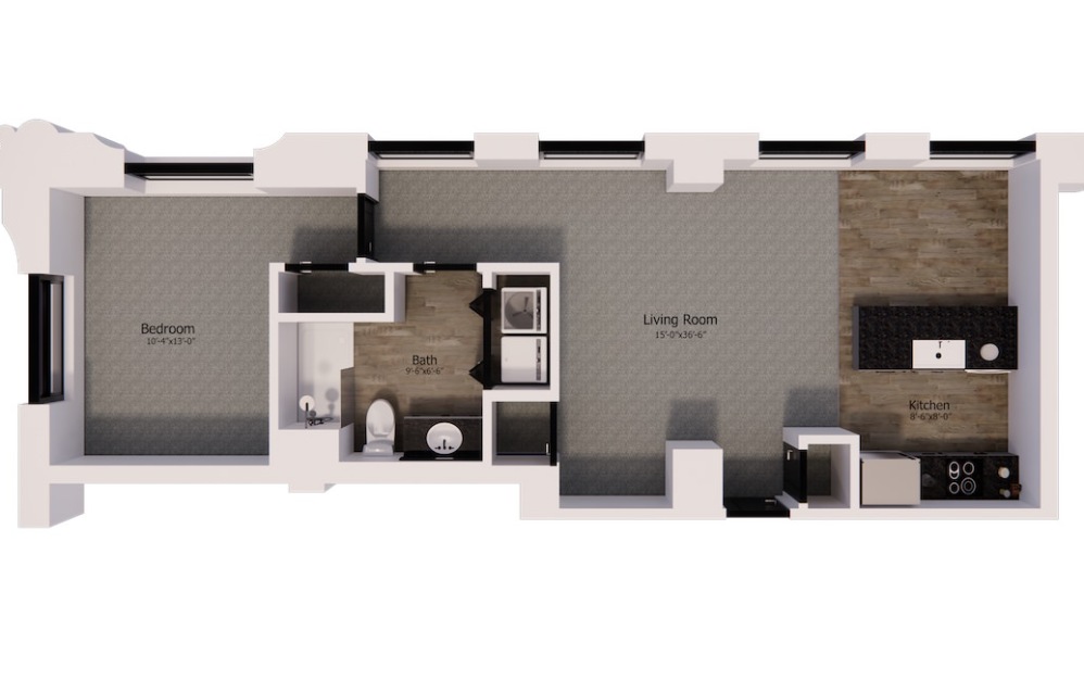 425 - 1 bedroom floorplan layout with 1 bathroom and 730 square feet