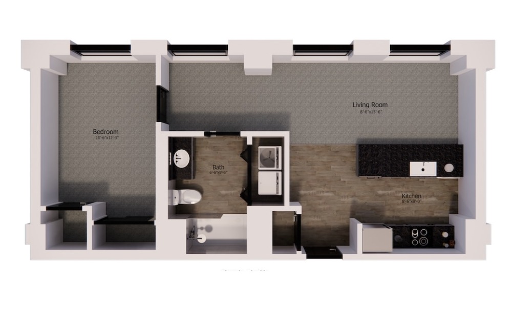 429 - 1 bedroom floorplan layout with 1 bathroom and 610 square feet