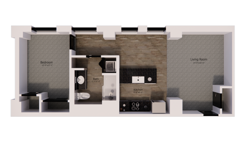 431 - 1 bedroom floorplan layout with 1 bathroom and 715 square feet
