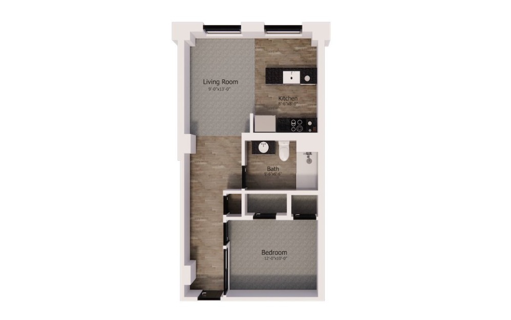 433 - 1 bedroom floorplan layout with 1 bathroom and 640 square feet