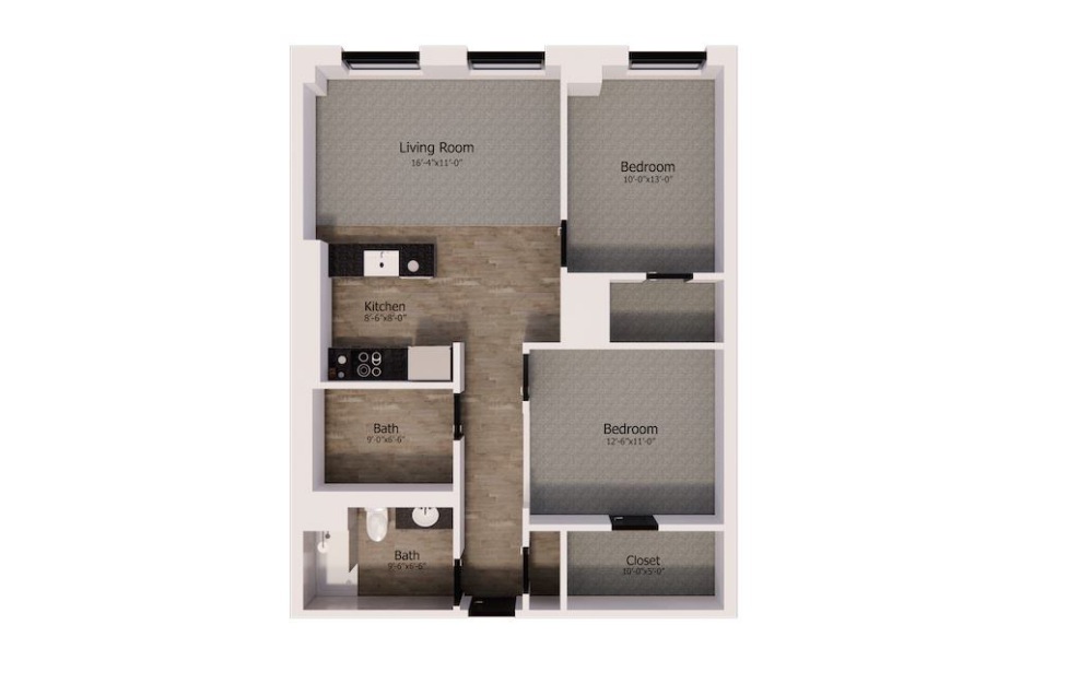 435 - 2 bedroom floorplan layout with 1 bathroom and 965 square feet