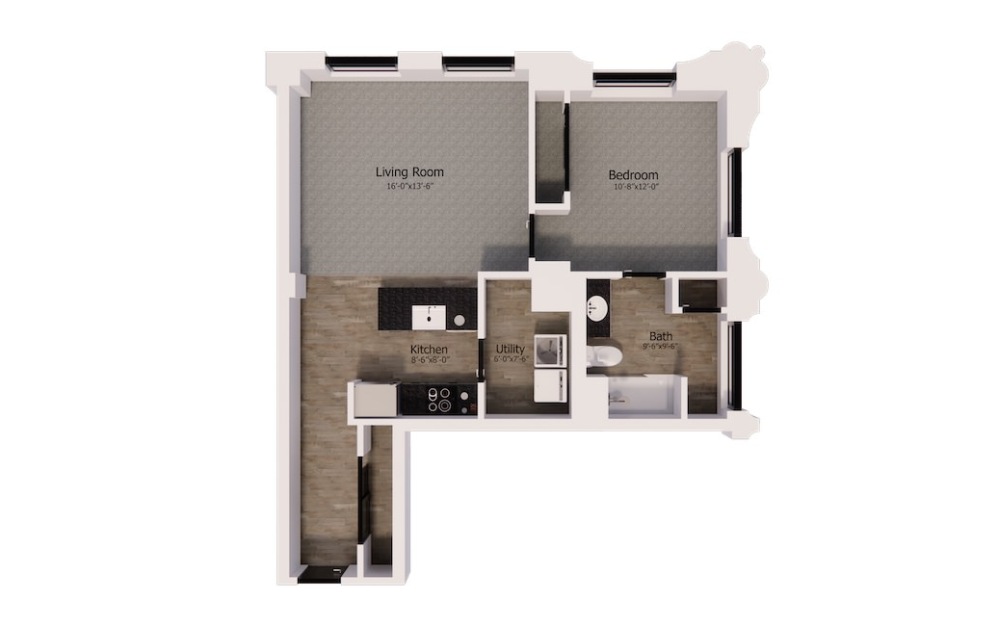 443 - 1 bedroom floorplan layout with 1 bathroom and 815 square feet