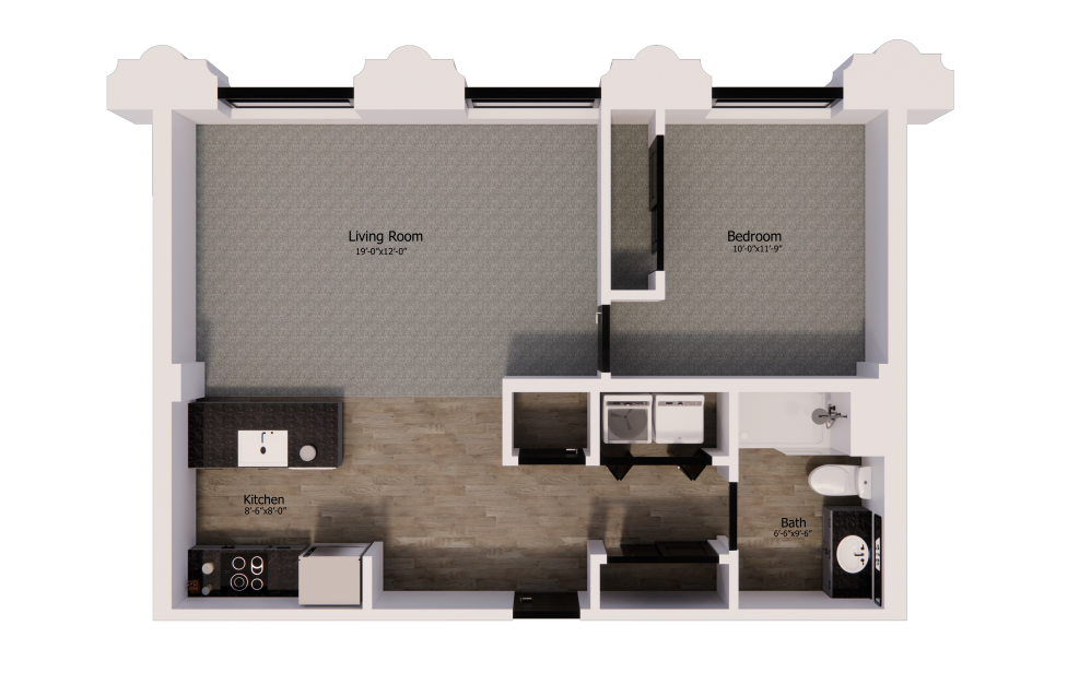 447 - 1 bedroom floorplan layout with 1 bathroom and 740 square feet