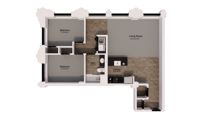 455 - 2 bedroom floorplan layout with 1 bathroom and 990 square feet