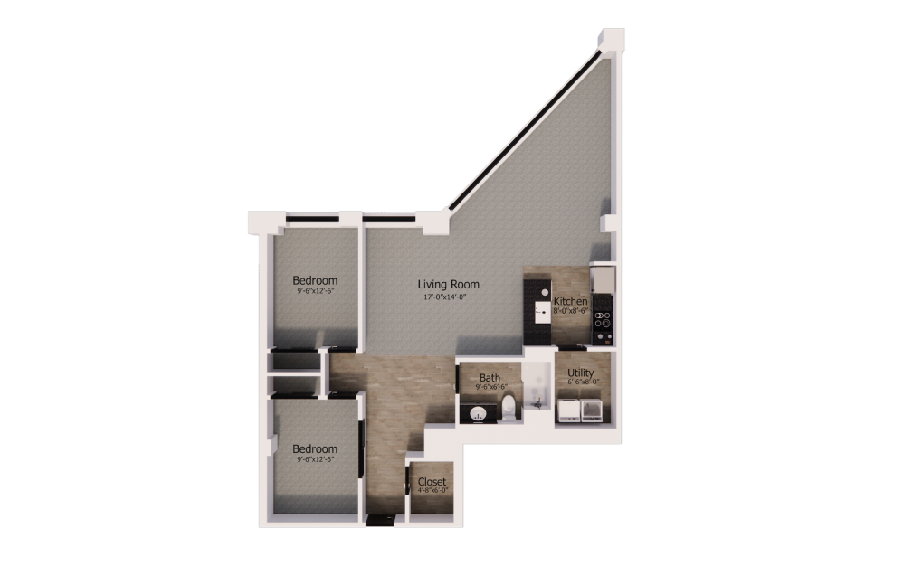 458 - 2 bedroom floorplan layout with 1 bath and 1170 square feet.