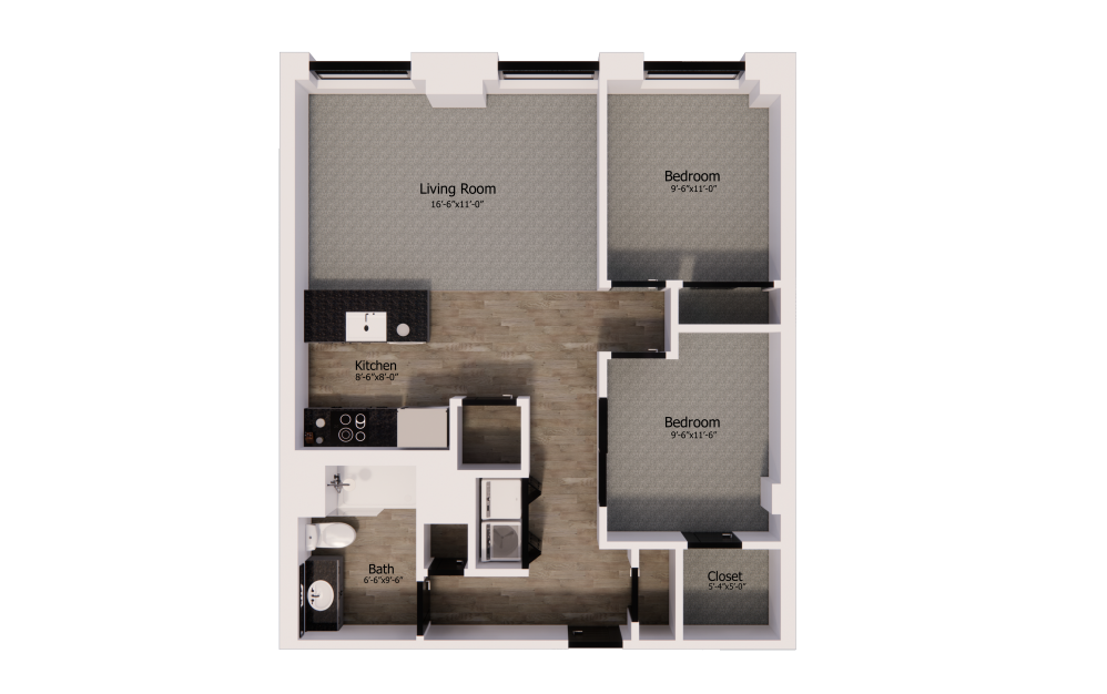 460 - 2 bedroom floorplan layout with 1 bathroom and 855 square feet