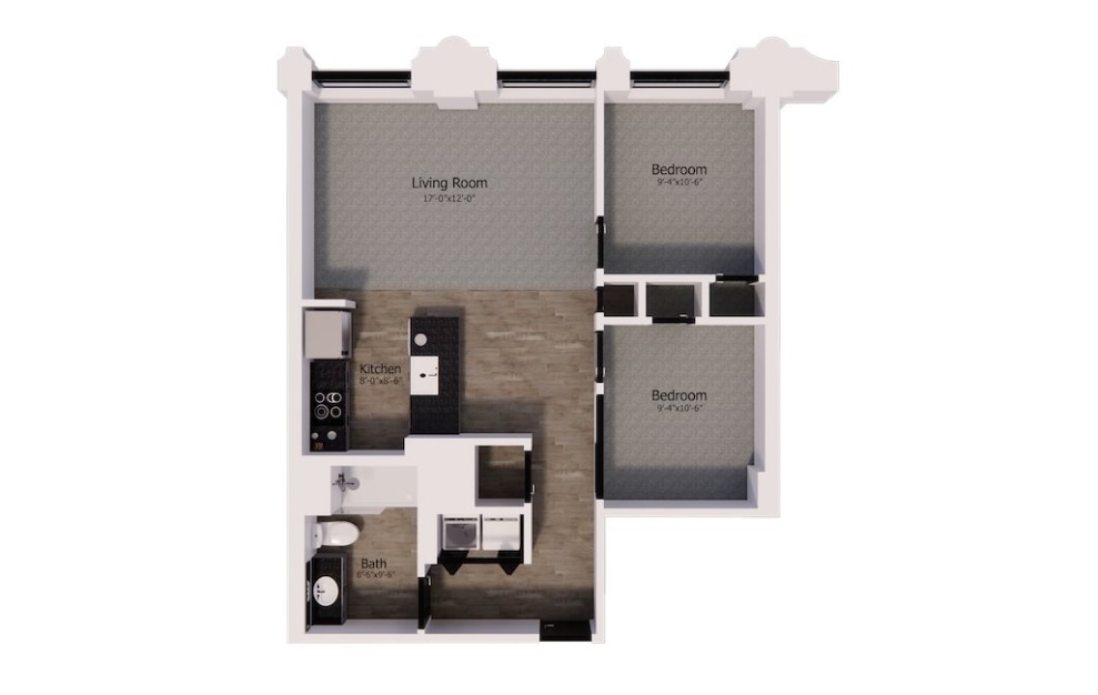 465 - 2 bedroom floorplan layout with 1 bath and 795 square feet.