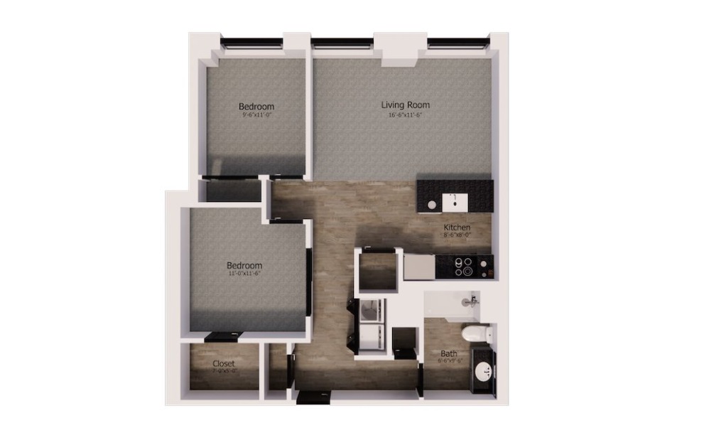 466 - 2 bedroom floorplan layout with 1 bathroom and 880 square feet