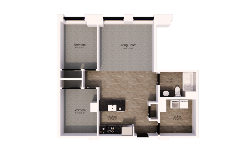 502 - 2 bedroom floorplan layout with 1 bath and 955 square feet.