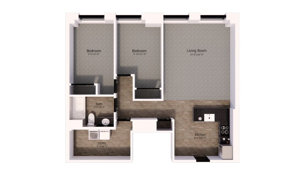 506 - 2 bedroom floorplan layout with 1 bathroom and 1060 square feet