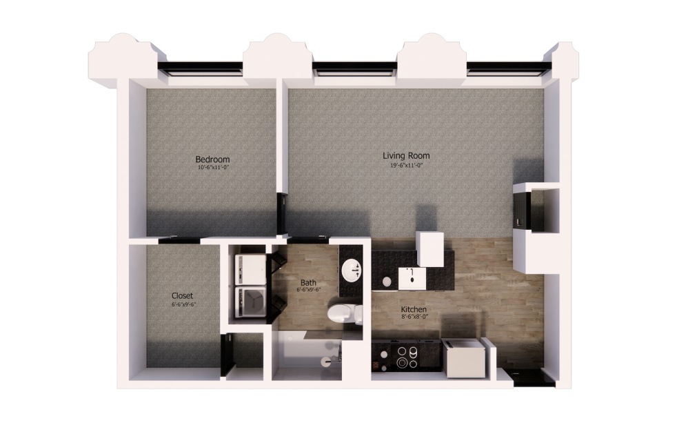 517 - 1 bedroom floorplan layout with 1 bathroom and 700 square feet