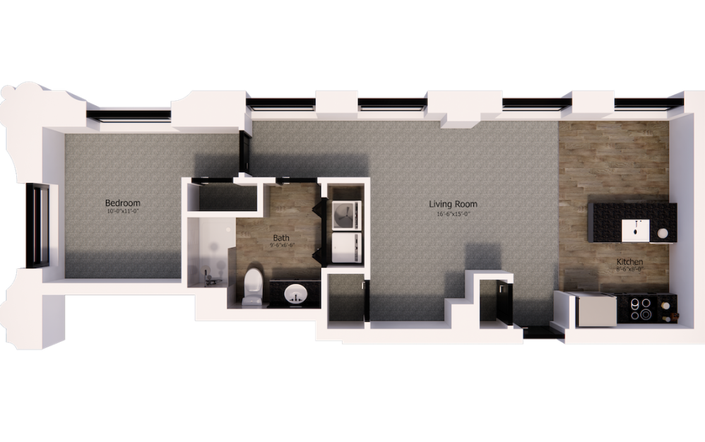 521 - 1 bedroom floorplan layout with 1 bath and 715 square feet.