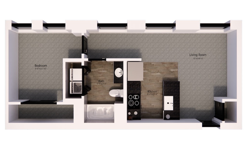 527 - 1 bedroom floorplan layout with 1 bathroom and 620 square feet