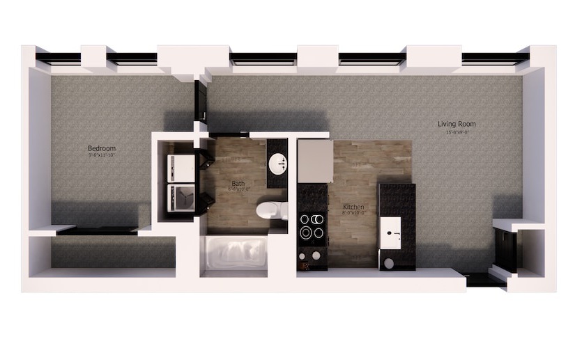 527 - 1 bedroom floorplan layout with 1 bathroom and 620 square feet