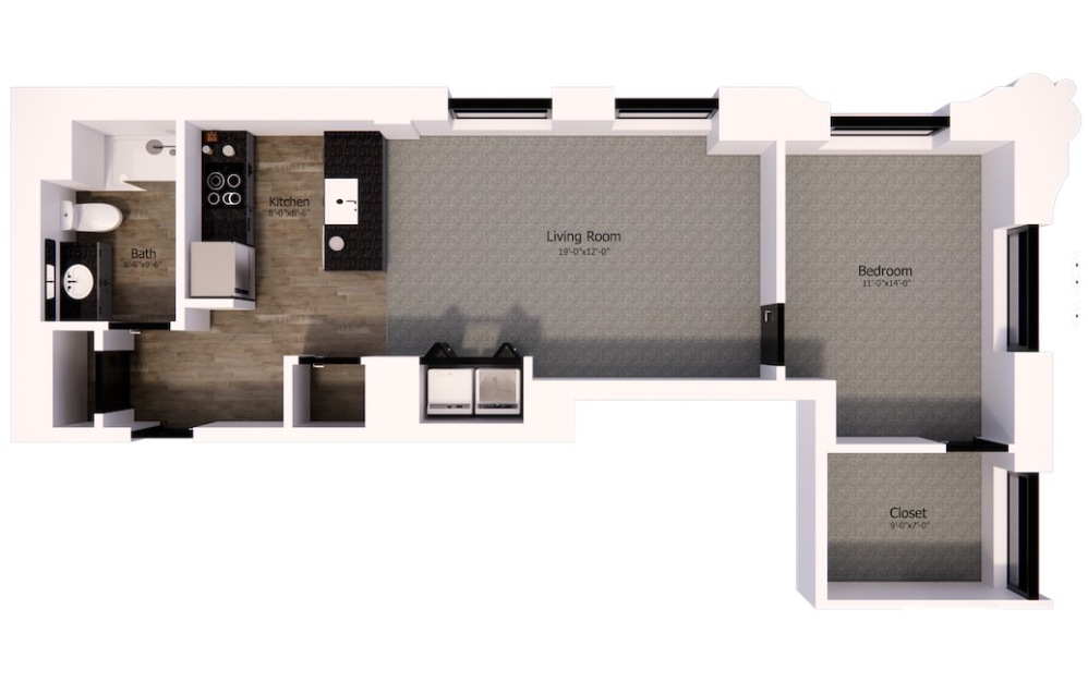 537 - 1 bedroom floorplan layout with 1 bathroom and 785 square feet