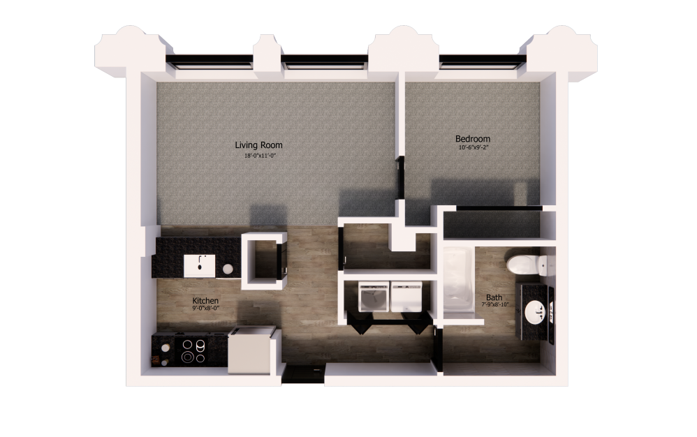 539 - 1 bedroom floorplan layout with 1 bathroom and 645 square feet